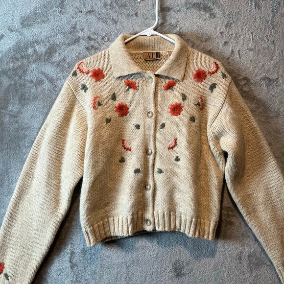 Vintage Floral Embroidered Knit Cardigan Y2K Cottagecore Wool Alpaca Blend Large - Picture 4 of 5
